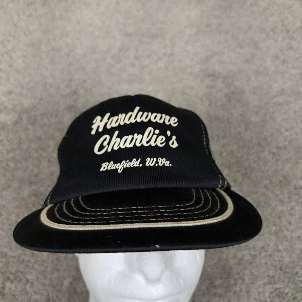 Vintage Hardware Charlie's Hat Cap Snap Back Mens One Size Black Trucker 80s